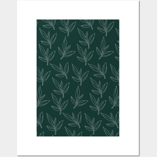 Minimal Line Art Leaf Pattern Forest Green Posters and Art